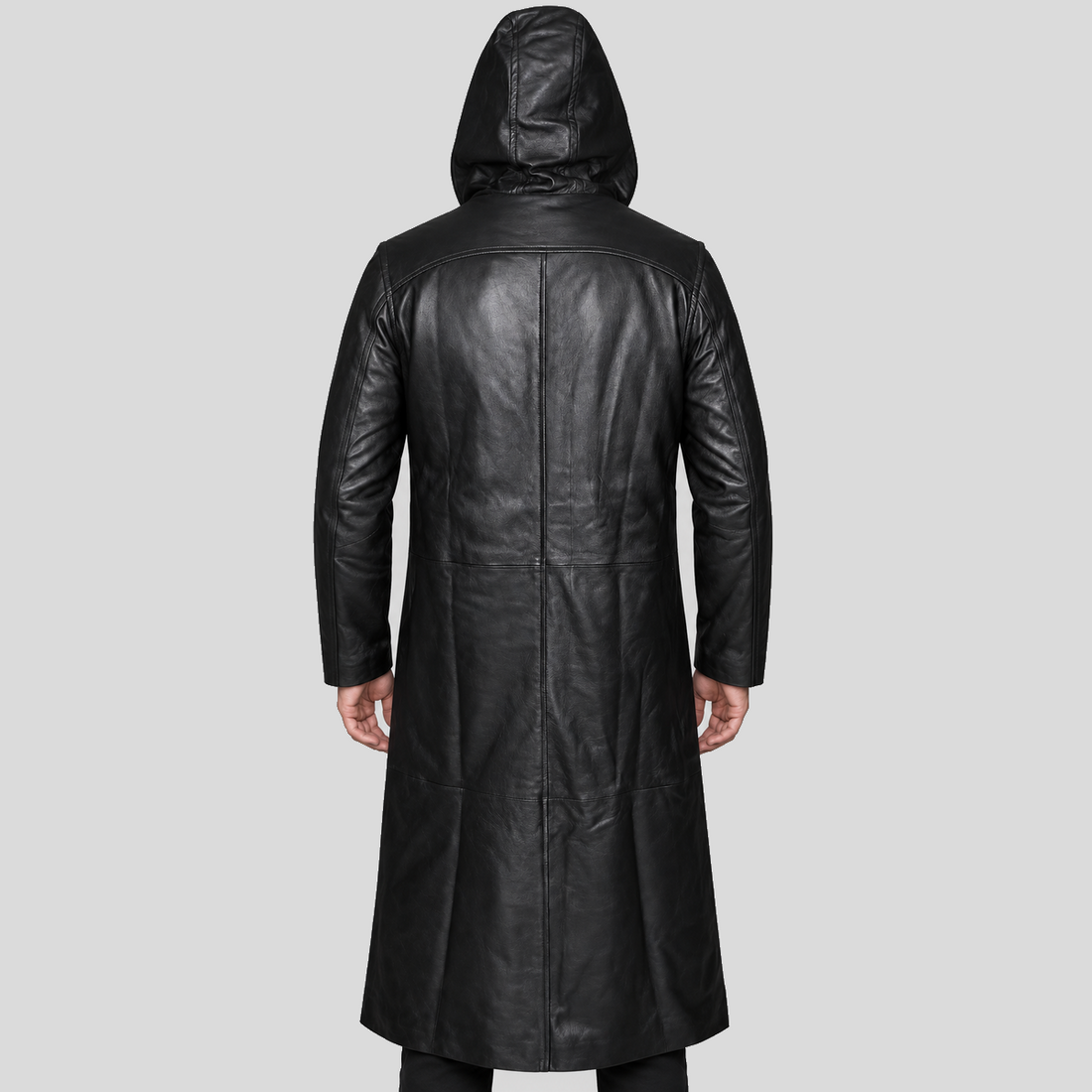 Men's black hooded chain long leather coat front view