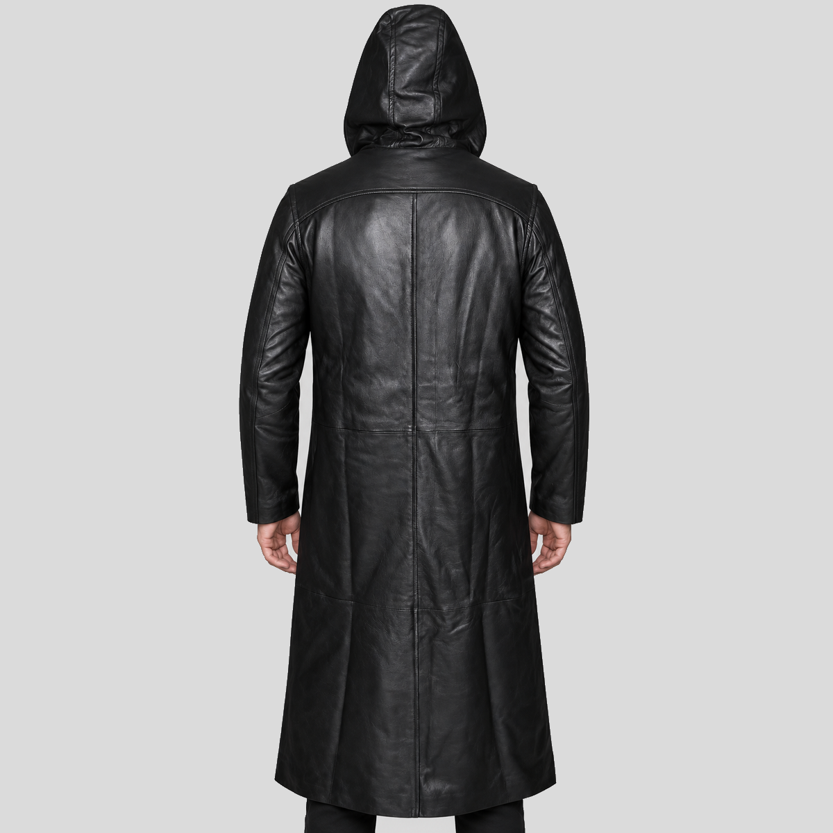 Men's black hooded chain long leather coat back view