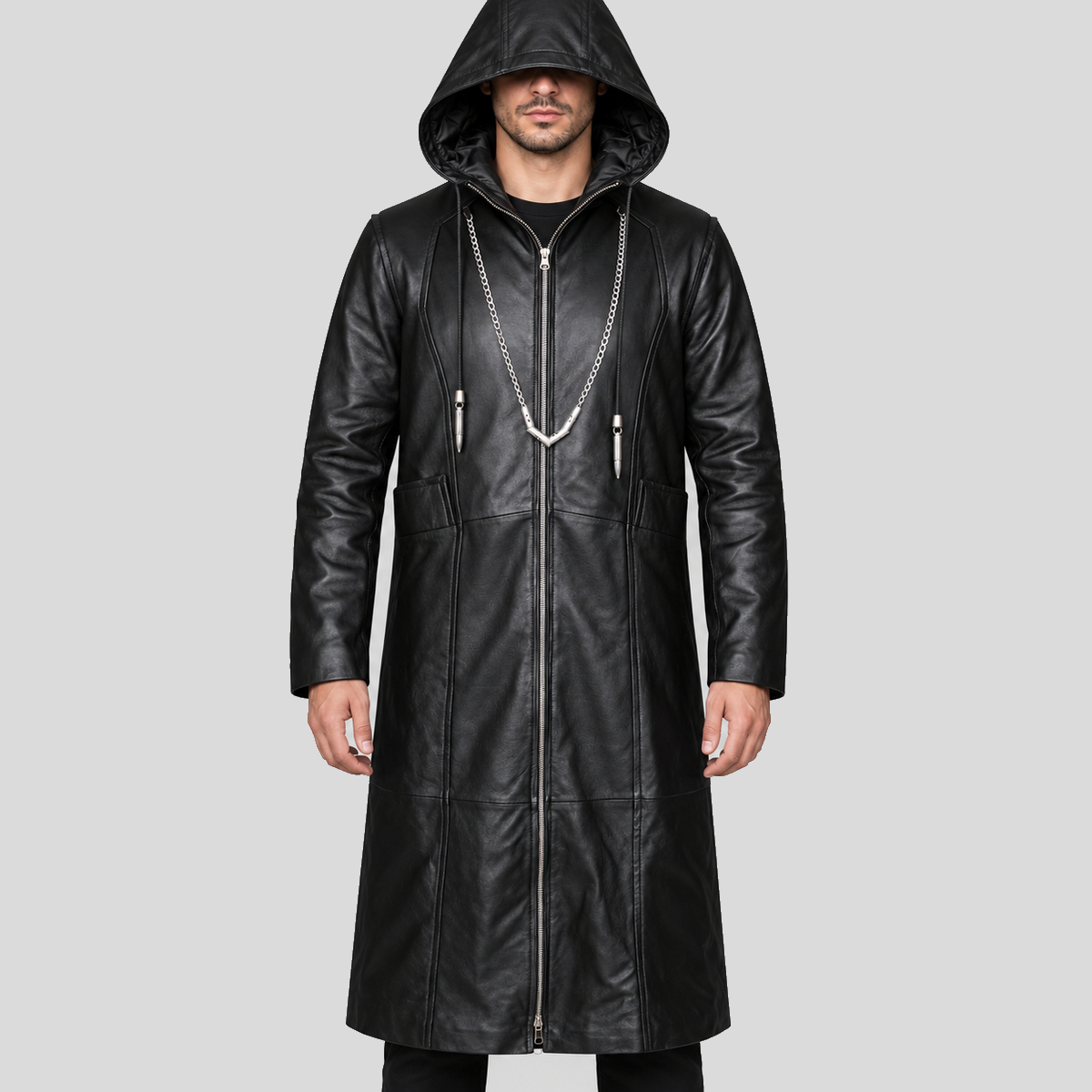 Men's black hooded chain long leather coat front view