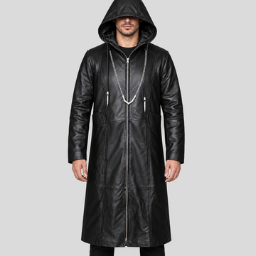 Men's black hooded chain long leather coat front view