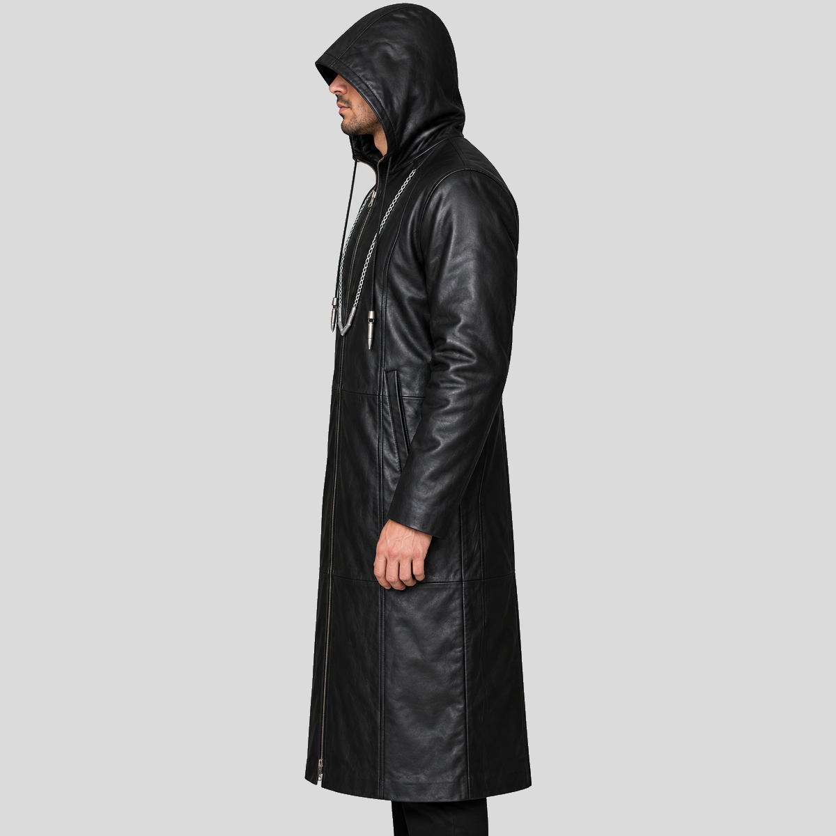 Men's black hooded chain long leather coat left side view