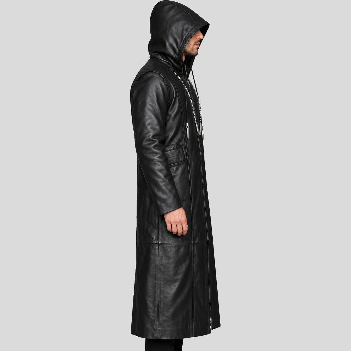 Men's black hooded chain long leather coat right side view