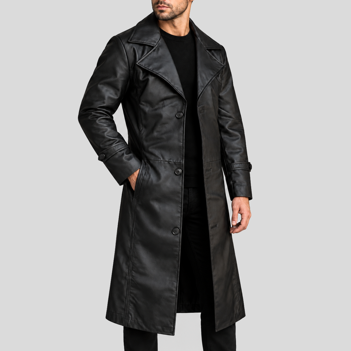 Men's Black Leather Duster Coat - Three Quarter View