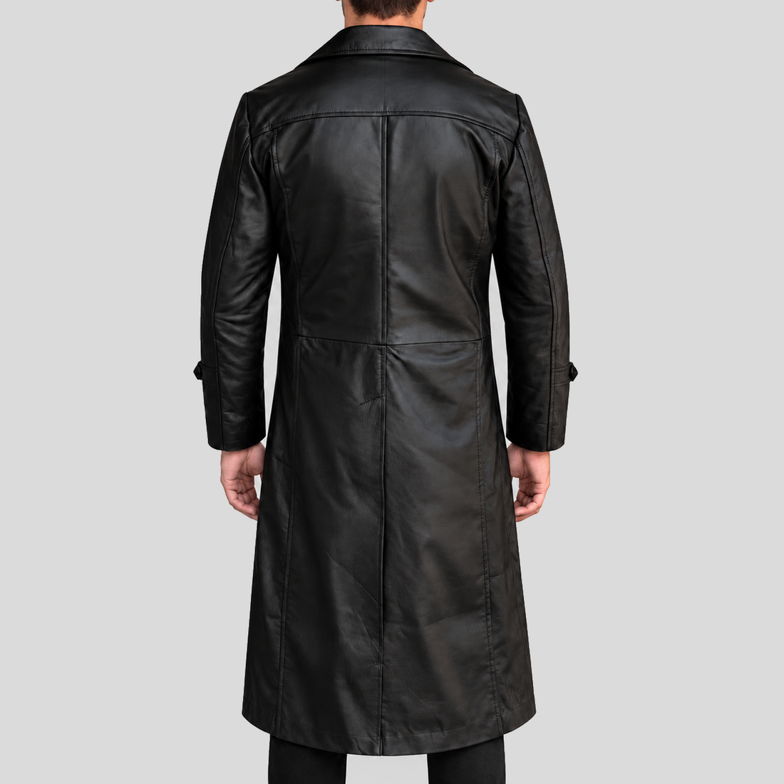 Men's Black Leather Duster Coat - Front View