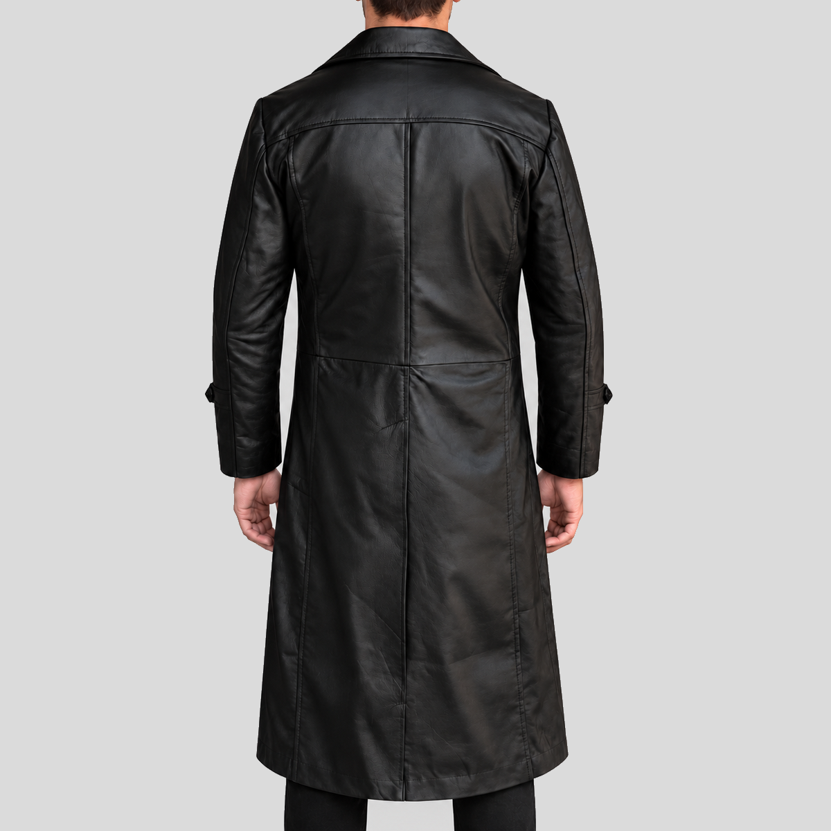 Men's Black Leather Duster Coat - Back View