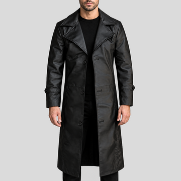 Men's Black Leather Duster Coat - Front View