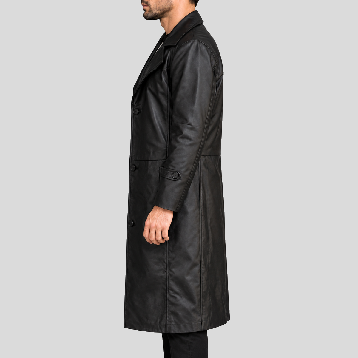 Men's Black Leather Duster Coat - Left Side View