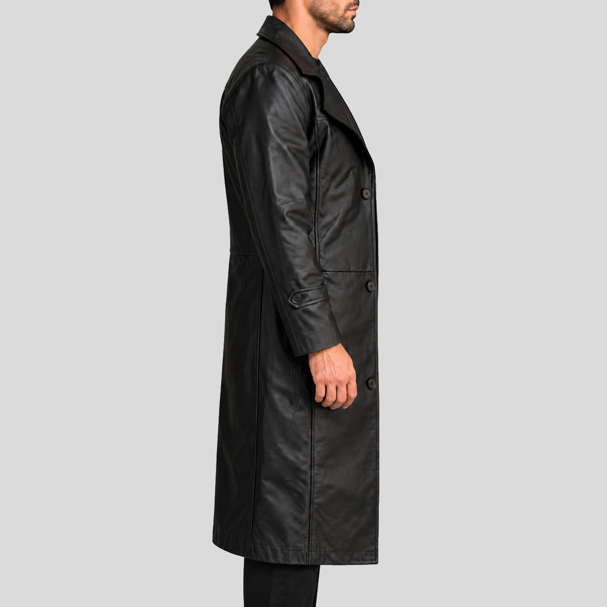 Men's Black Leather Duster Coat - Right Side View