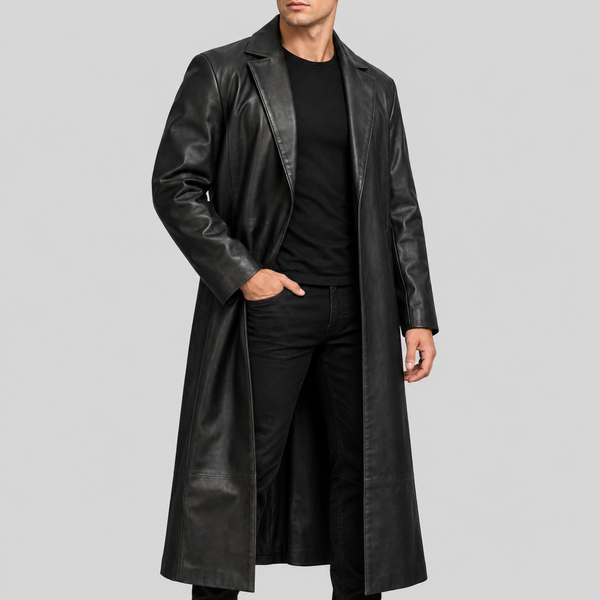 Men's black extra-long open-front leather duster coat three-quarter view