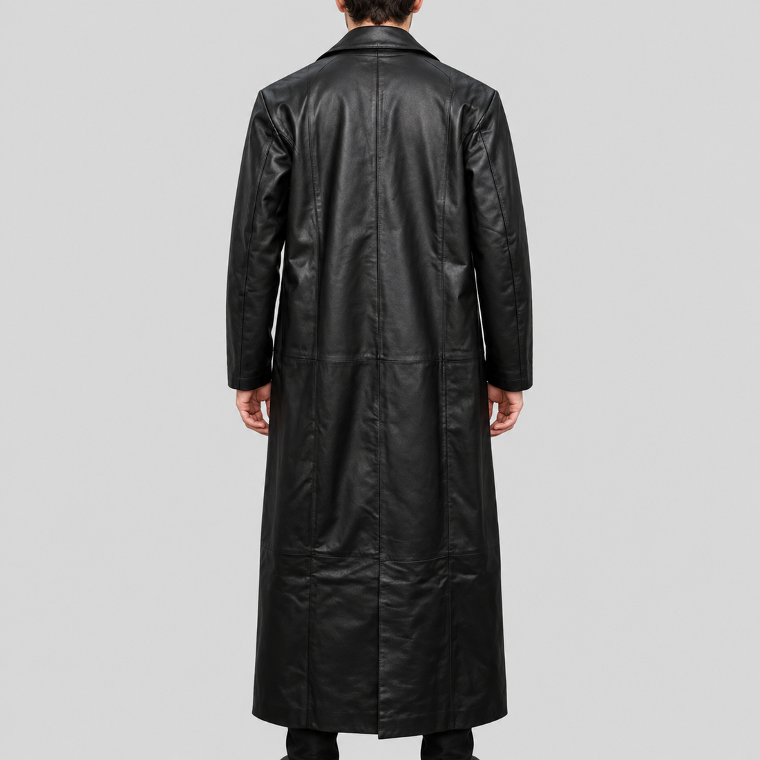 Men's black extra-long open-front leather duster coat front view