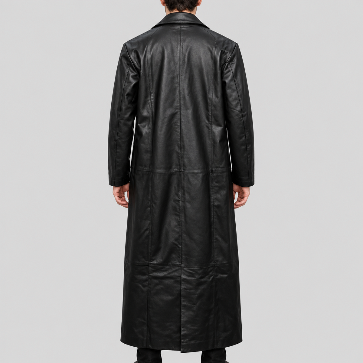 Men's black extra-long open-front leather duster coat back view