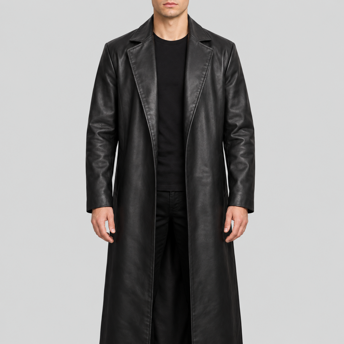 Men's black extra-long open-front leather duster coat front view