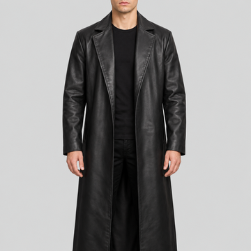 Men's black extra-long open-front leather duster coat front view