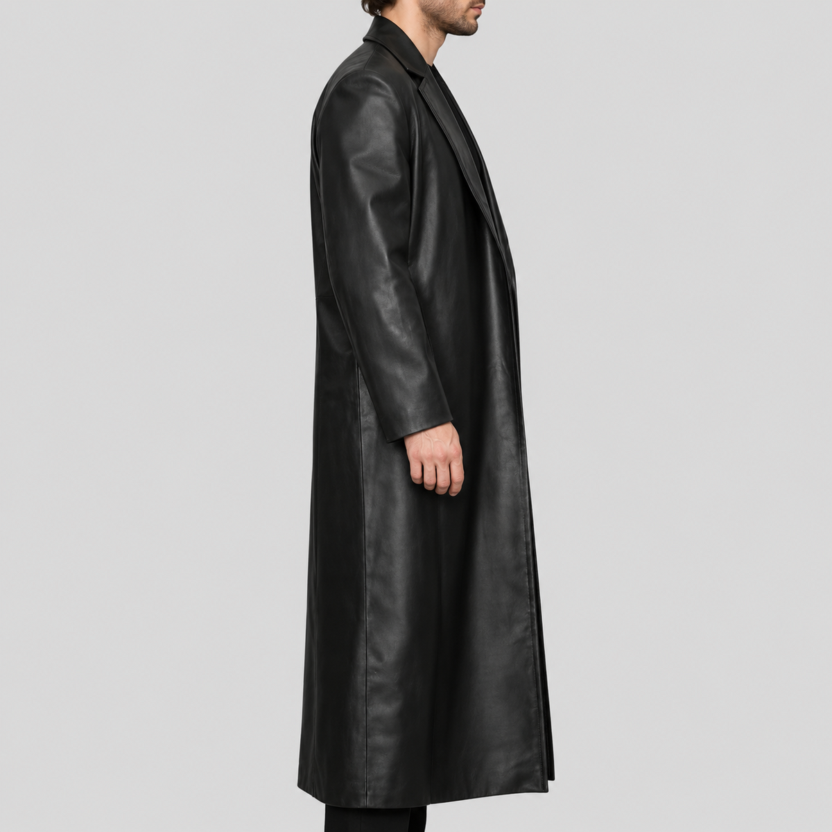 Men's black extra-long open-front leather duster coat right side view