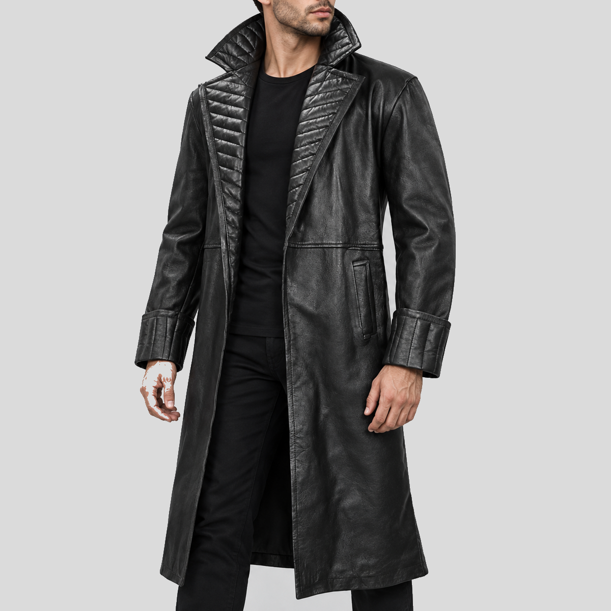 Men's black quilted collar long leather coat alternate angle