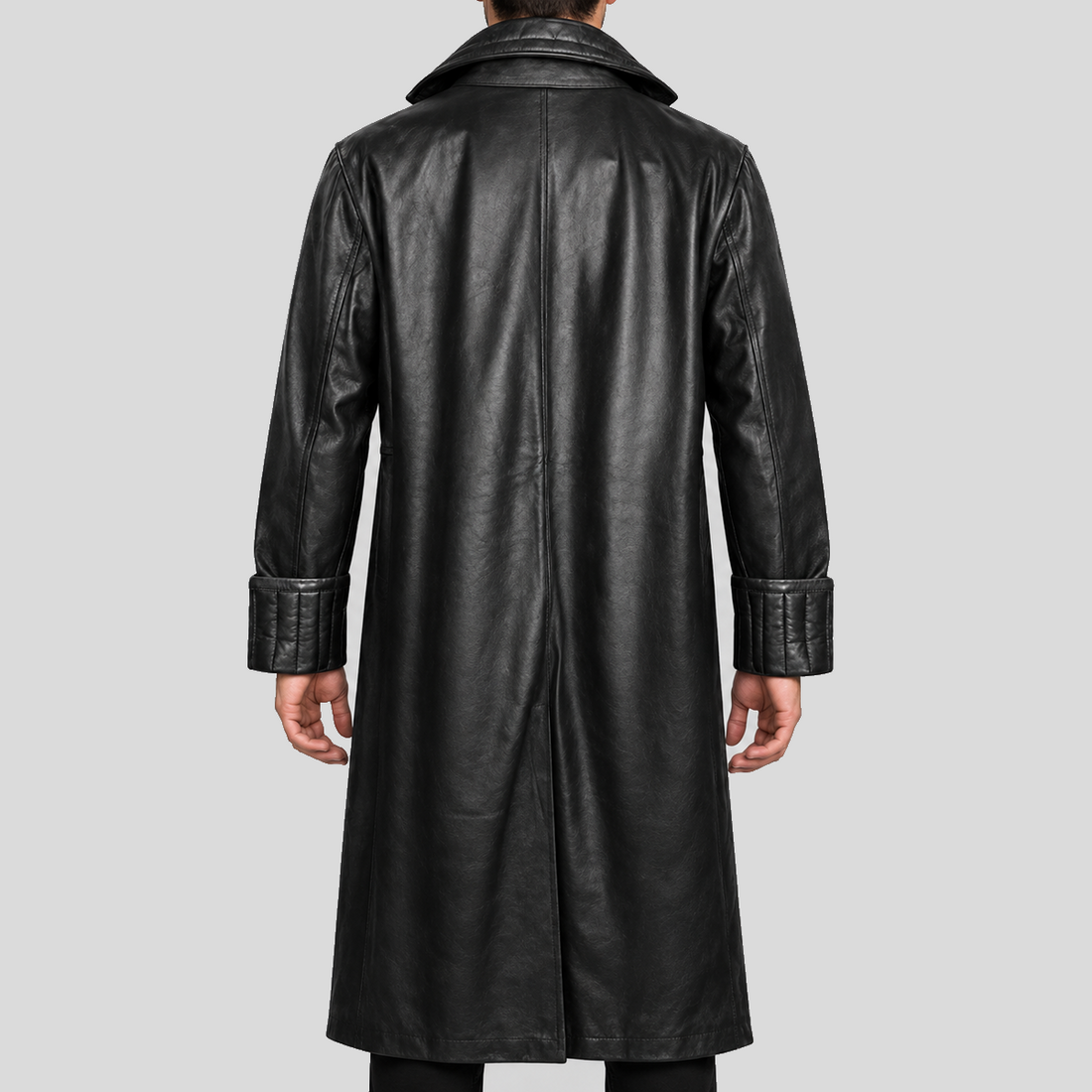 Men's black quilted collar long leather coat front view