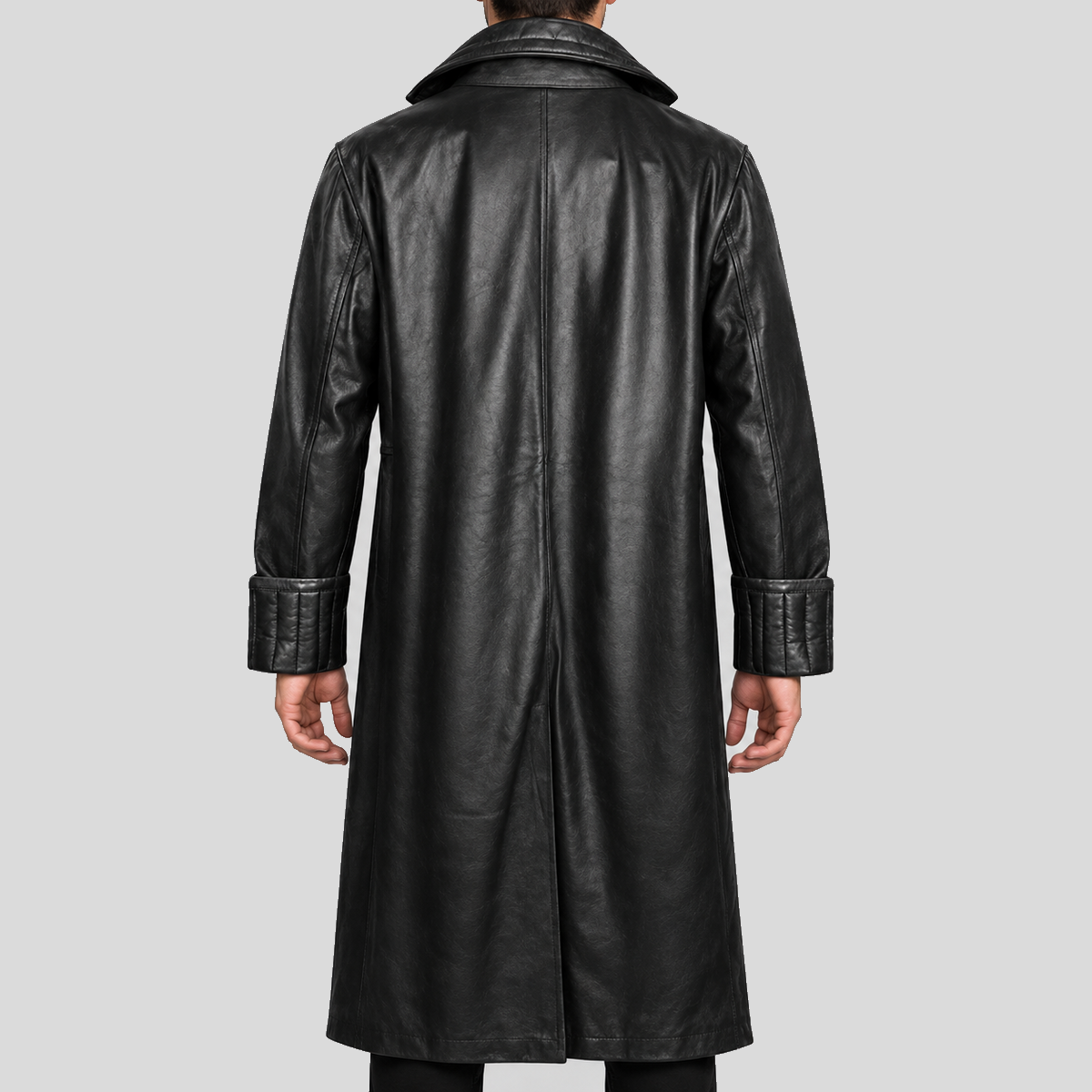 Men's black quilted collar long leather coat back view