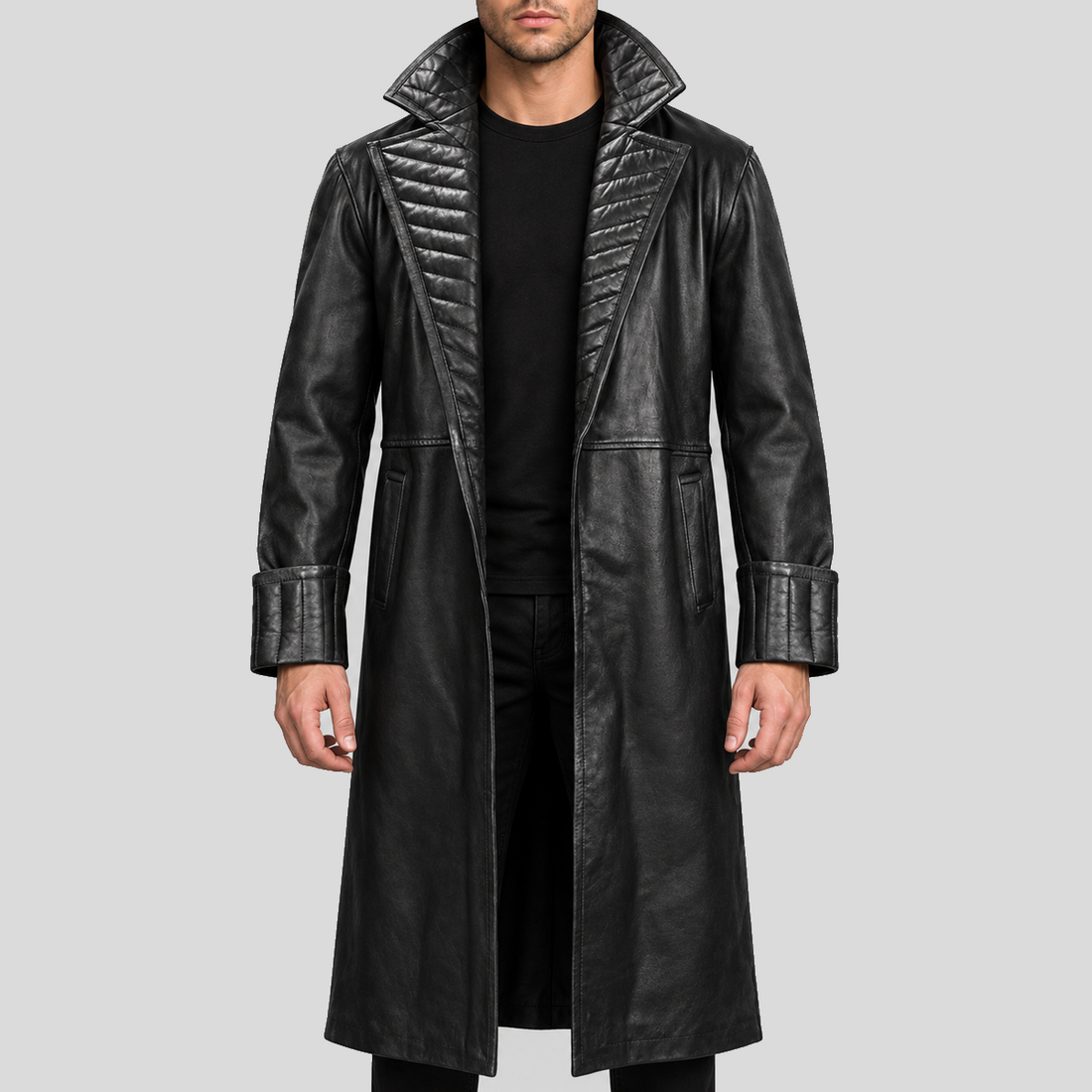Men's black quilted collar long leather coat front view