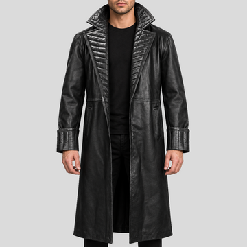 Men's black quilted collar long leather coat front view