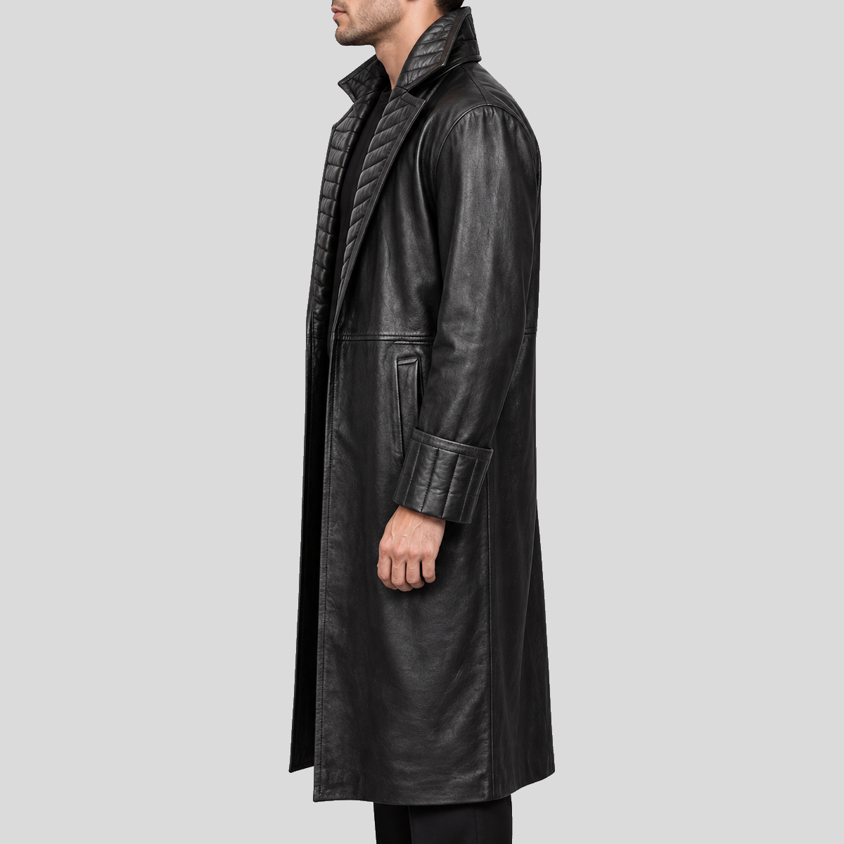 Men's black quilted collar long leather coat left side view