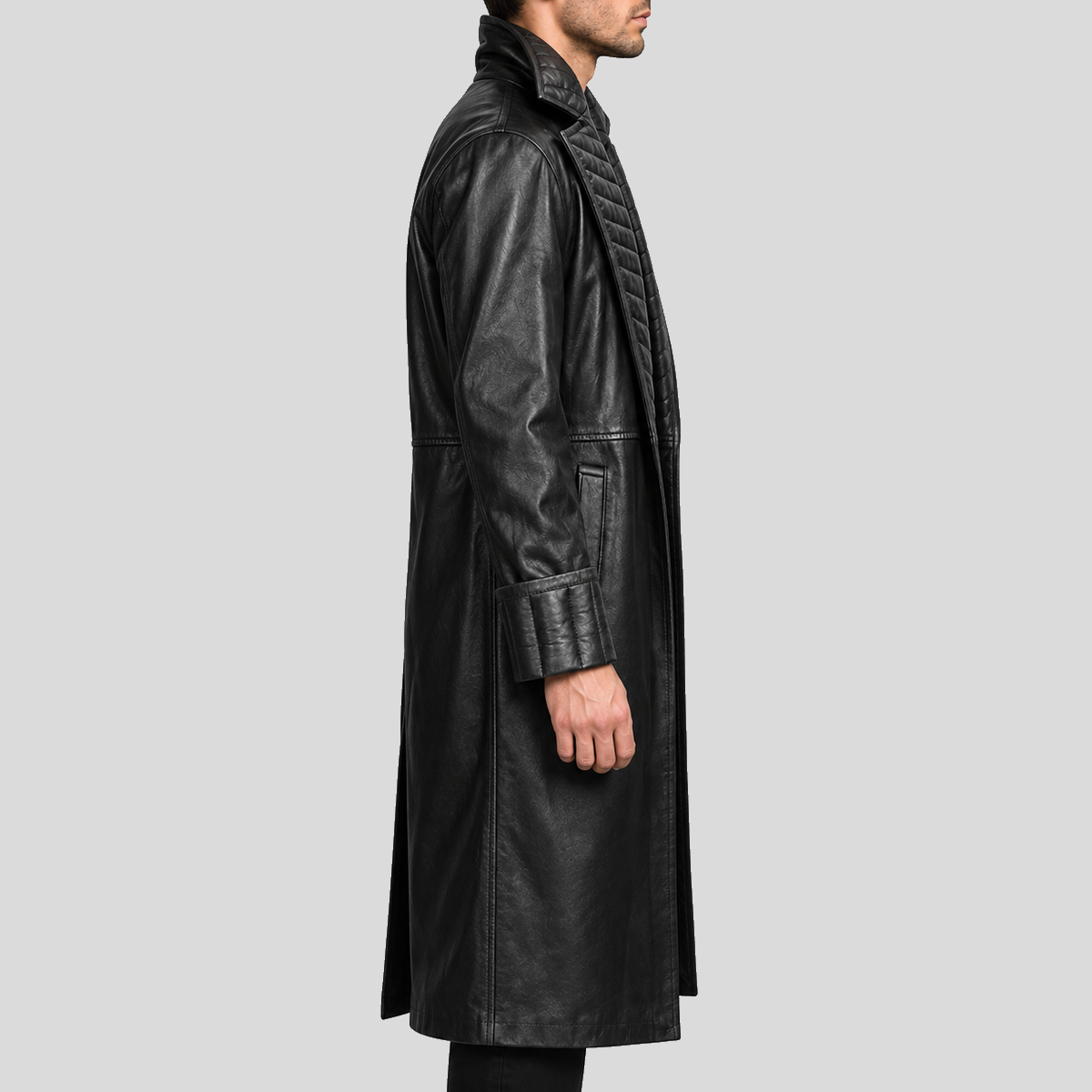 Men's black quilted collar long leather coat right side view