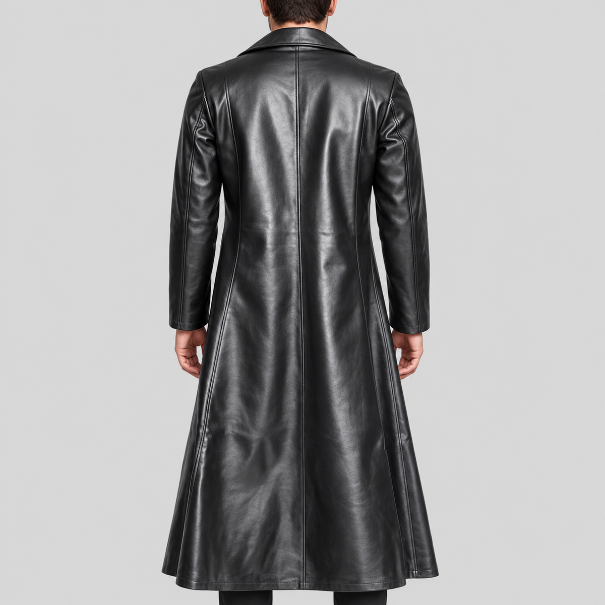 Men's black long leather coat back view