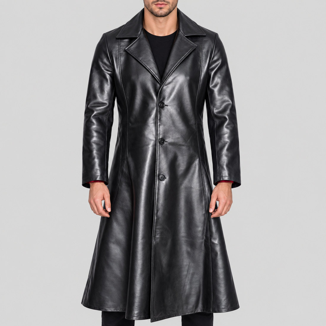 Men's black long leather coat with red lining front view