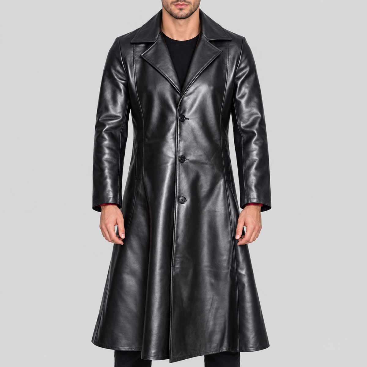 Men's black long leather coat with red lining front view