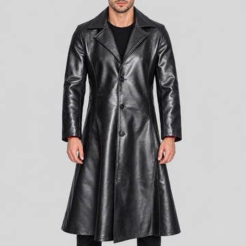 Men's black long leather coat with red lining front view