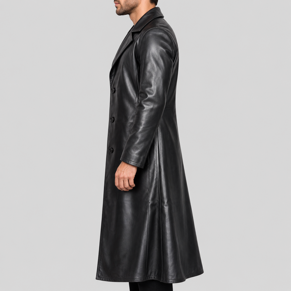 Men's black long leather coat left side view