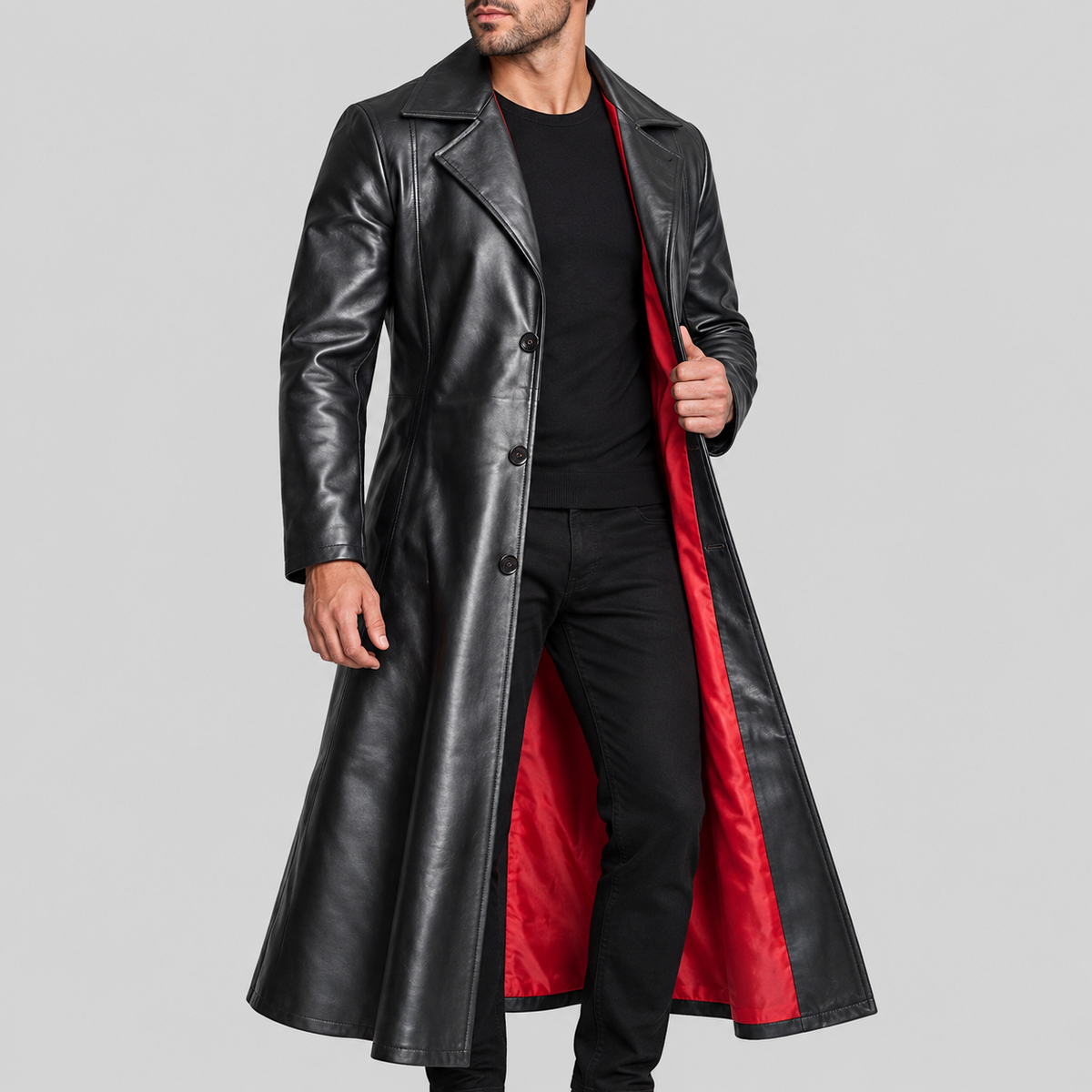 Men's black long leather coat red lining open view