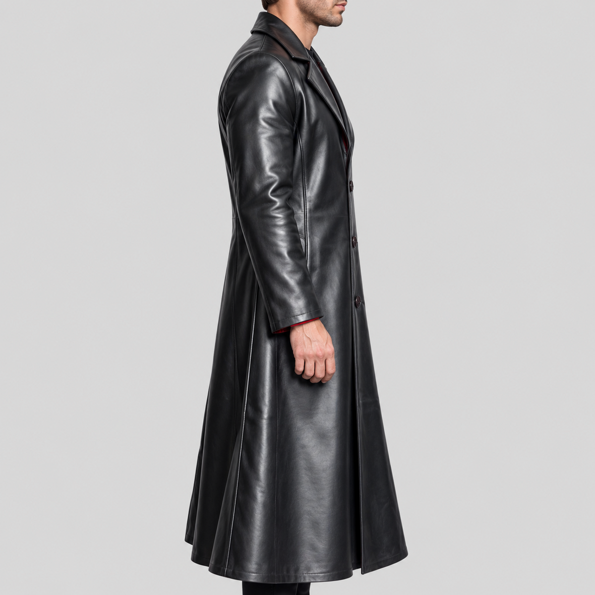 Men's black long leather coat right side view