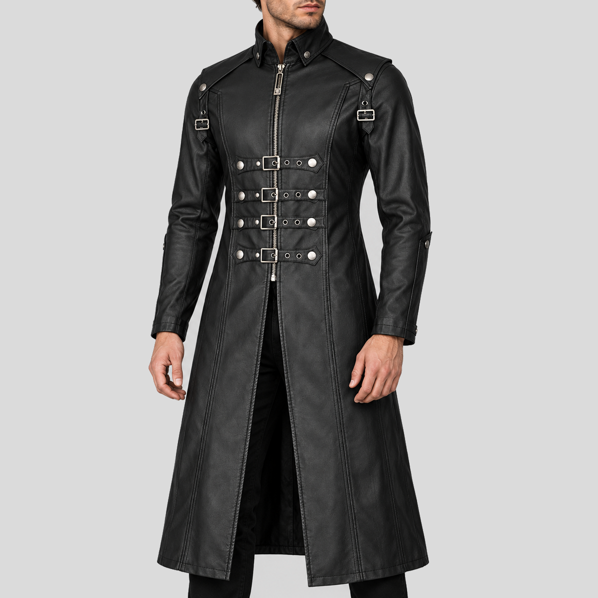 Men's black steampunk buckle-strap long leather coat alternate angle