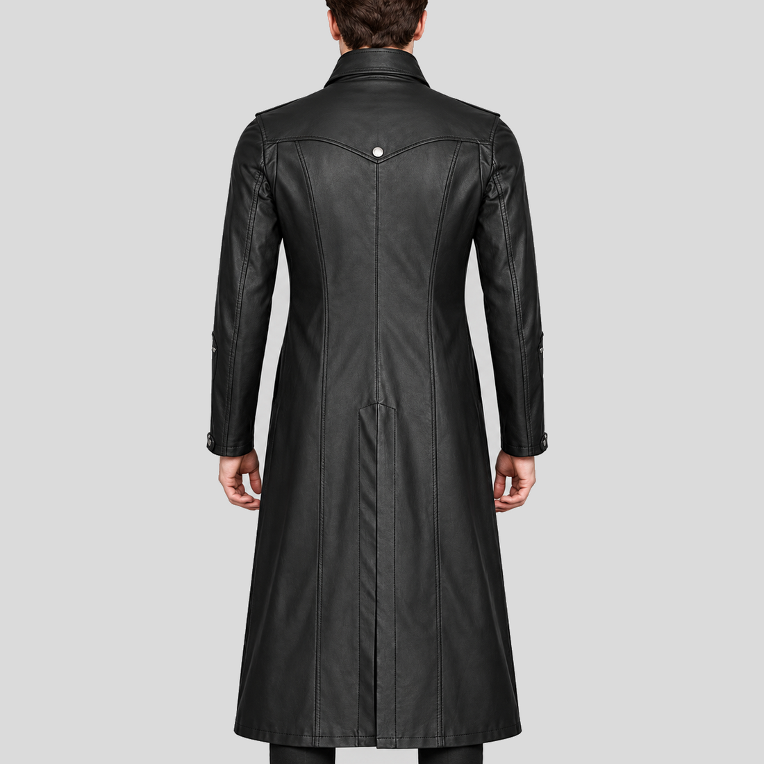 Men's black steampunk buckle-strap long leather coat front view