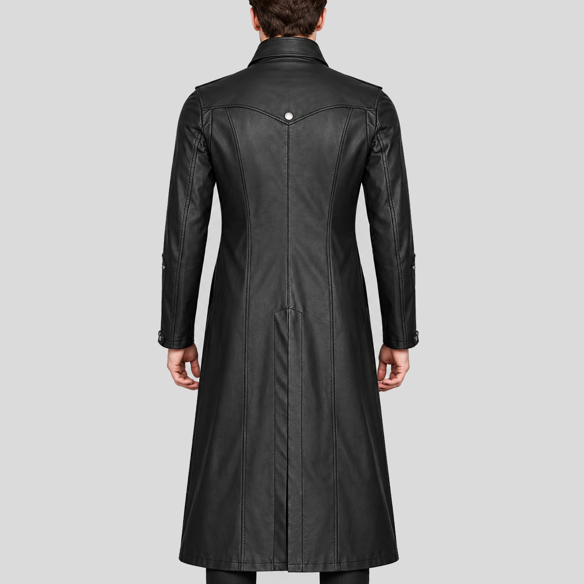Men's black steampunk buckle-strap long leather coat back view