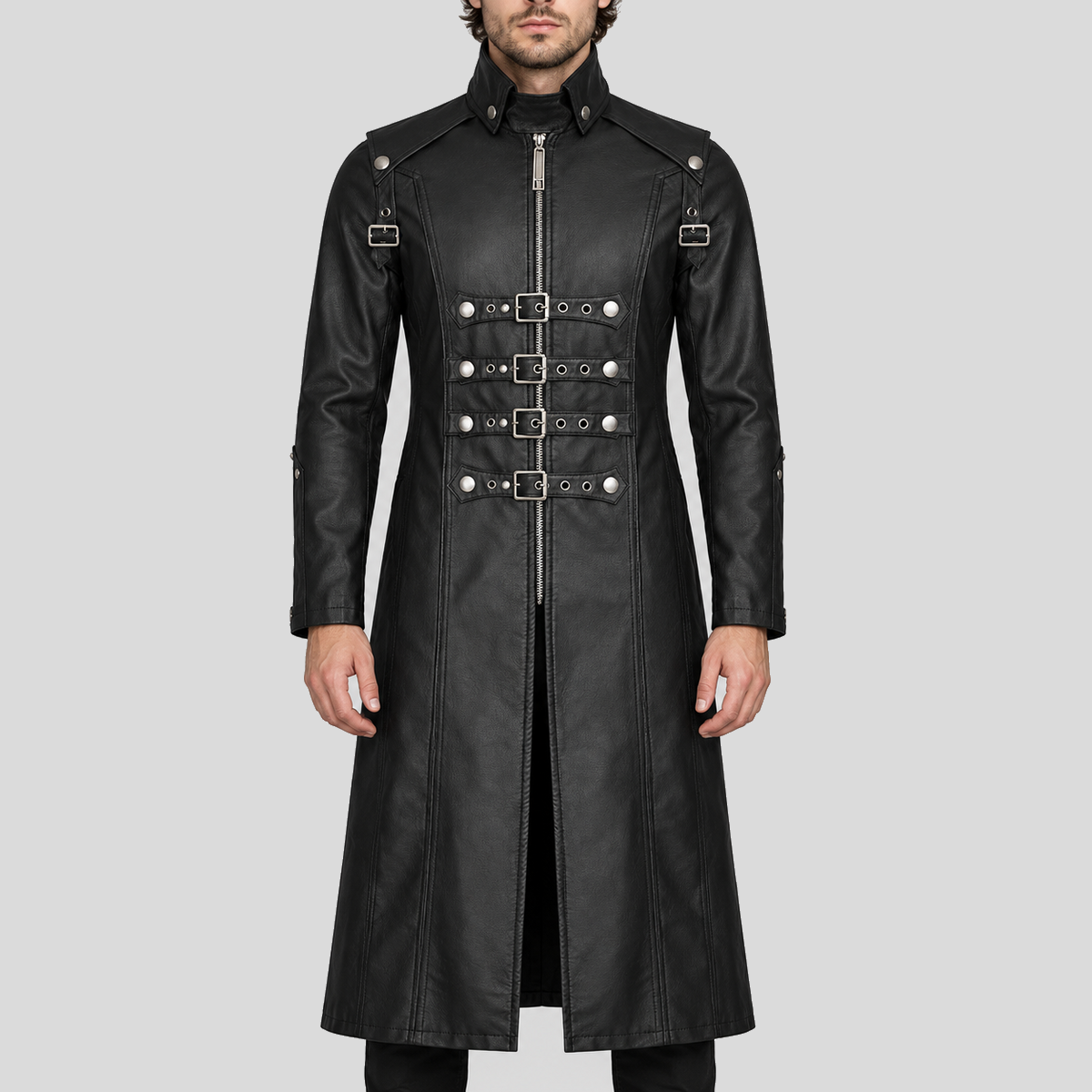 Men's black steampunk buckle-strap long leather coat front view