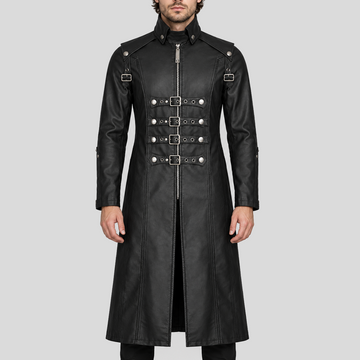 Men's black steampunk buckle-strap long leather coat front view