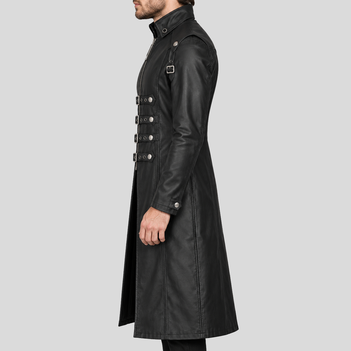 Men's black steampunk buckle-strap long leather coat left view