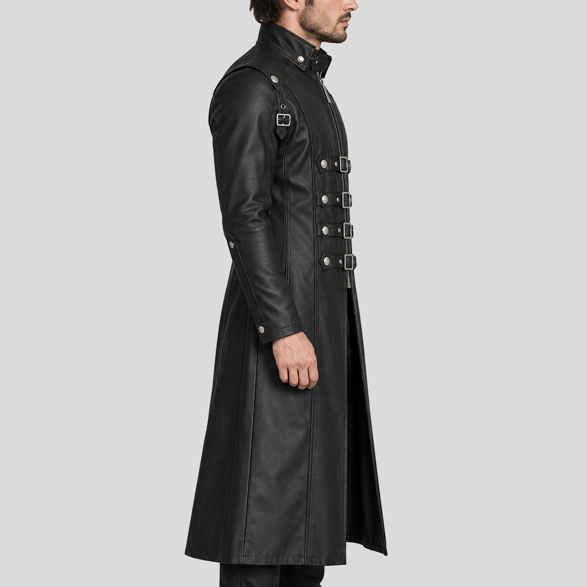 Men's black steampunk buckle-strap long leather coat right view