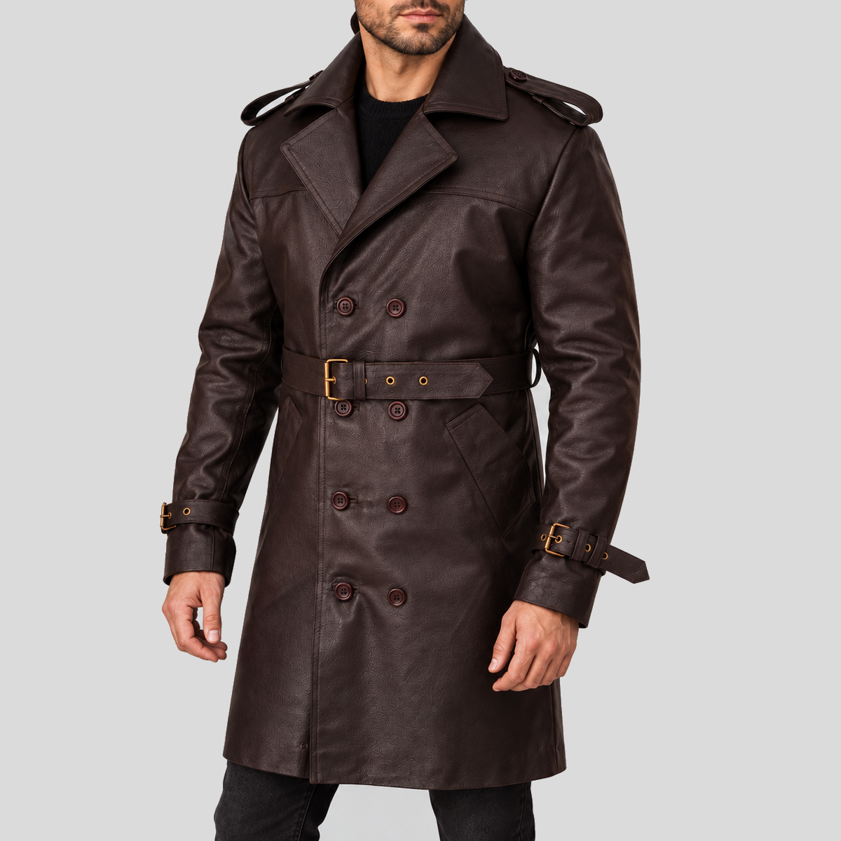 Men's dark brown double-breasted belted leather trench coat alternate angle
