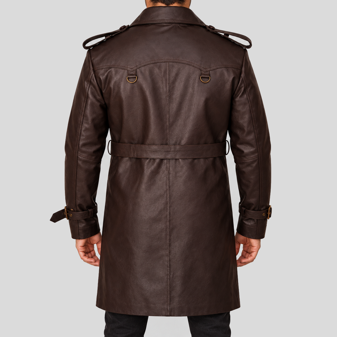 Men's dark brown double-breasted belted leather trench coat front view