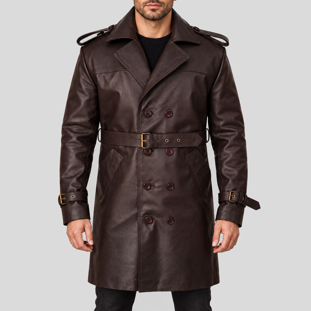 Men's dark brown double-breasted belted leather trench coat front view