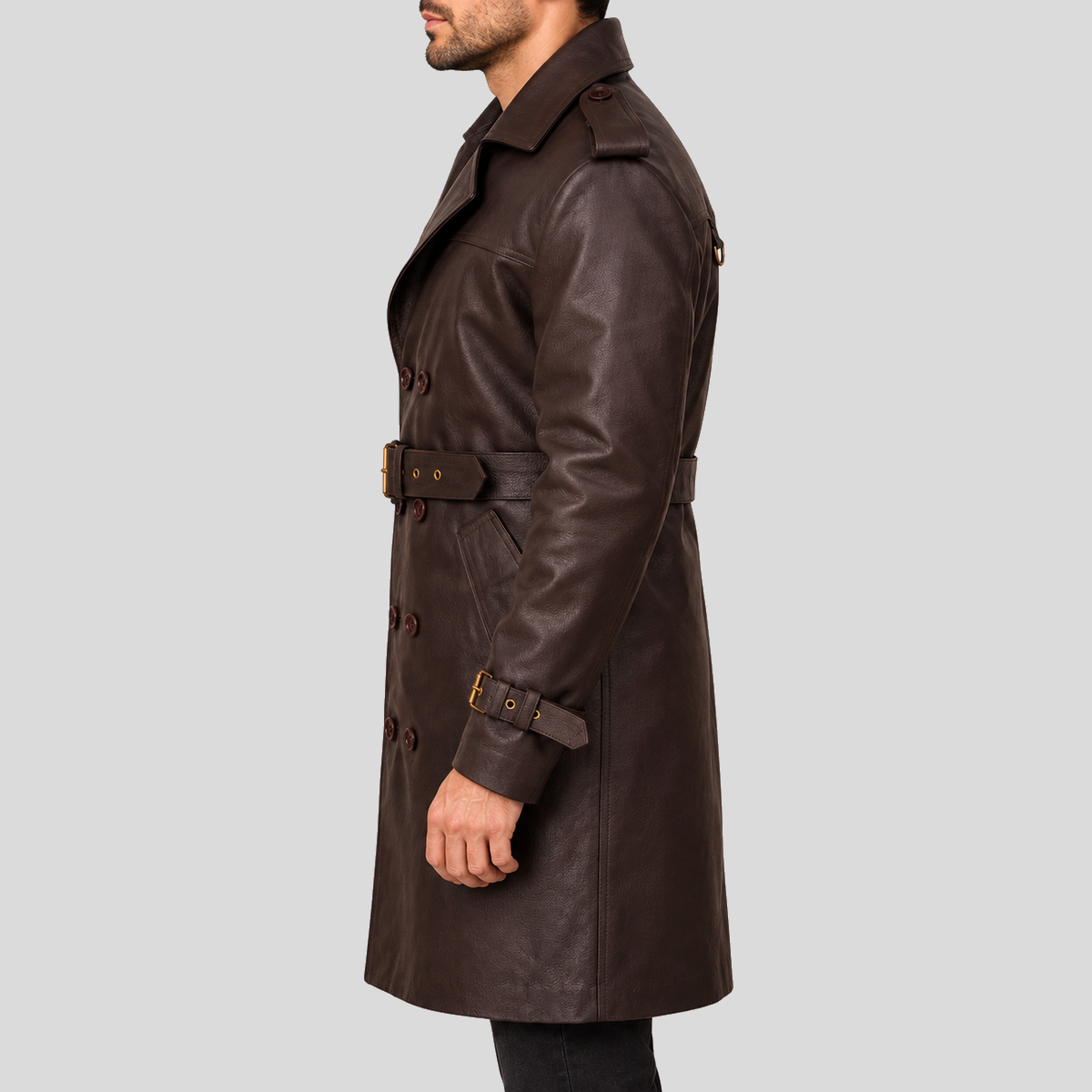 Men's dark brown double-breasted belted leather trench coat left view