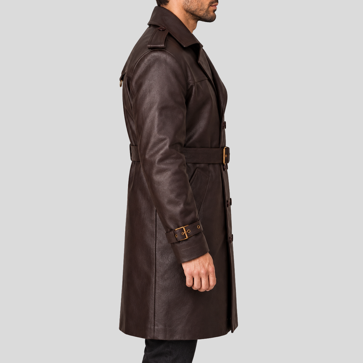 Men's dark brown double-breasted belted leather trench coat right view