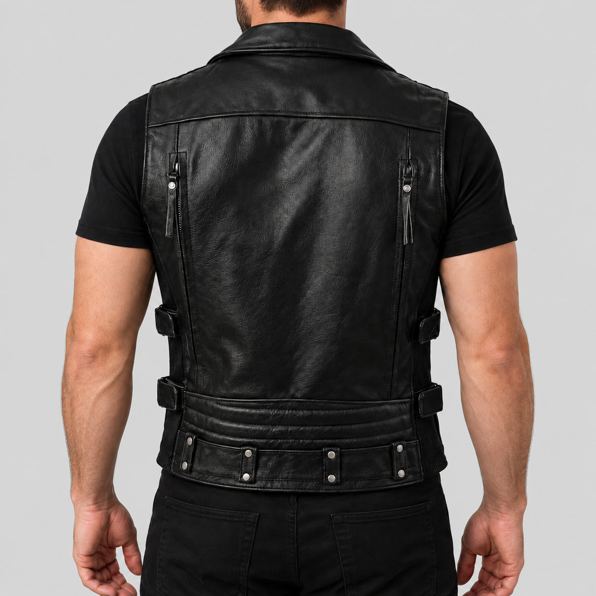 Men's Halloween black leather biker vest back view