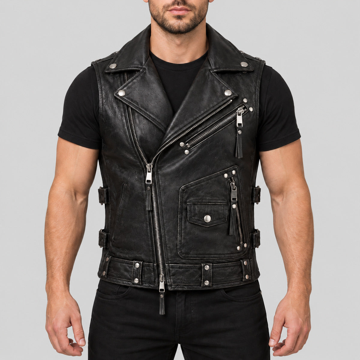 Men's Halloween black leather biker vest front view
