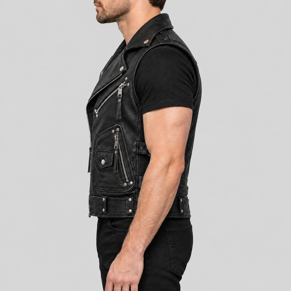 Men's Halloween black leather biker vest left side view