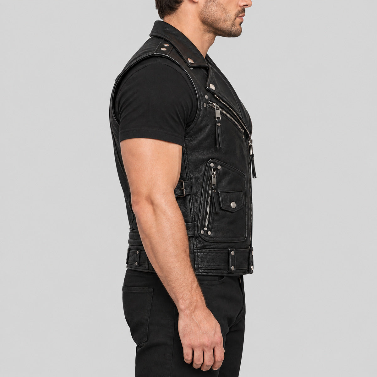 Men's Halloween black leather biker vest right side view
