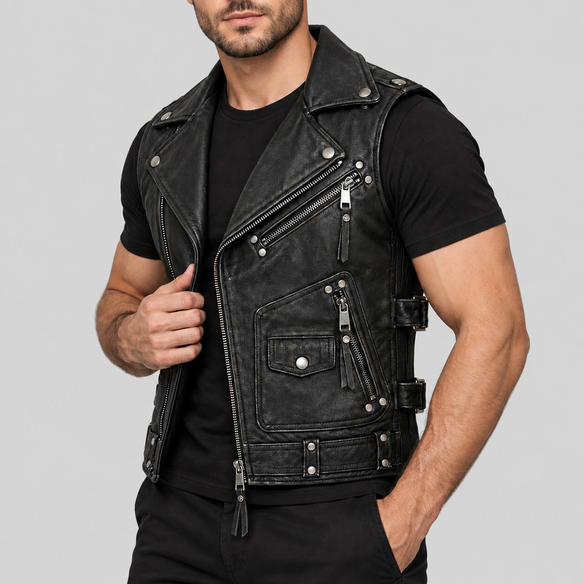 Men's Halloween black leather biker vest three-quarter view