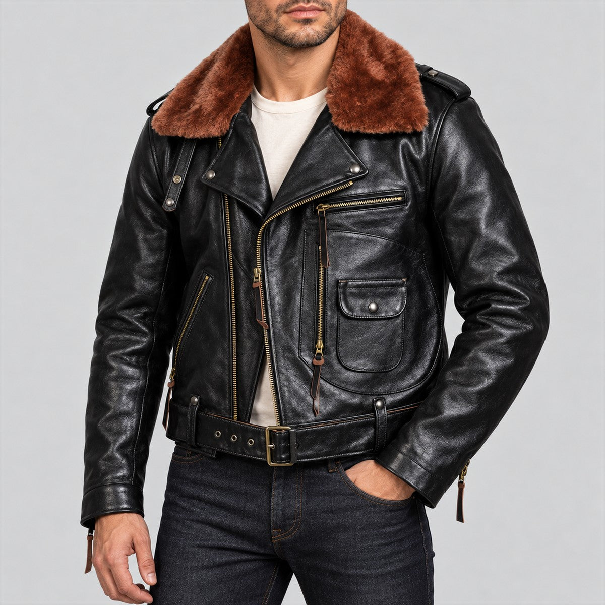 Men's J-24 Black Cowhide Leather Biker Jacket with Mouton Collar - alternate view
